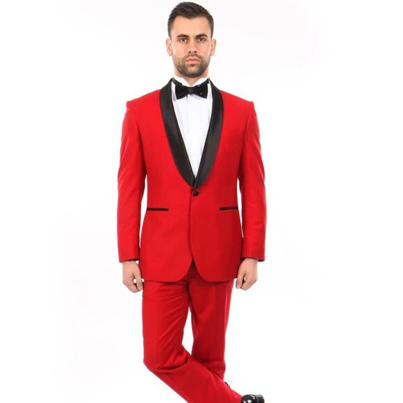 Mens Modern Fit Wool Shawl Tuxedo in Red - Picture 1 of 2